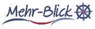 Logo mit Text Mehr-Blick und den zwei Symbolen - eine Welle unter der Schrift aus drei Strichen - rechts daneben ein blaues Steuerrad mit acht Speichen, in dessen Zentrum ein roter Punkt mit einer weissen Mitte / Mehr-Blick-Supervision am Bodensee